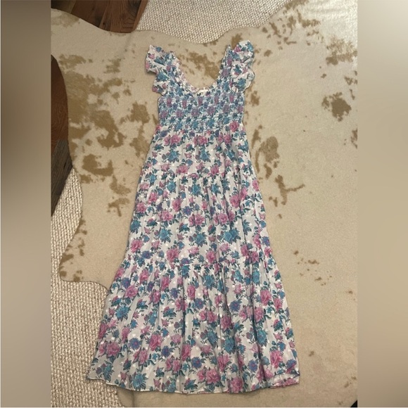 LoveShackFancy Chessie Smocked Floral-print Midi Dress - Blue Size Medium - Picture 3 of 6